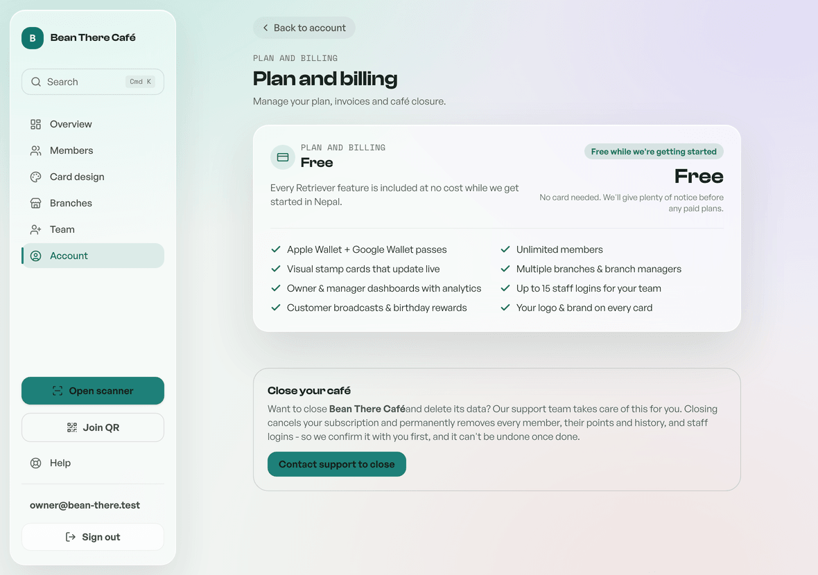 The account page showing plan and billing controls