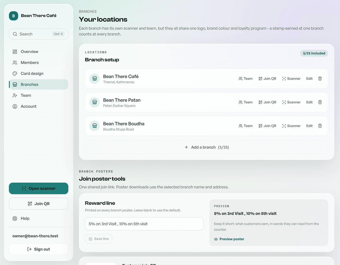 The Branches page with branch setup and poster controls