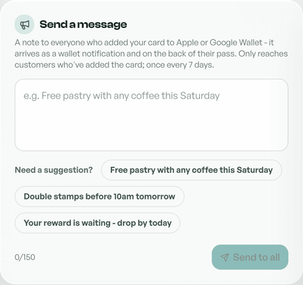 The Send a message broadcast card on the dashboard