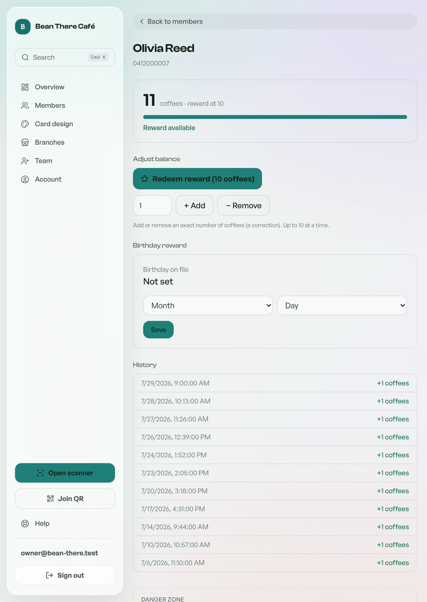 A member's detail page with progress, Adjust, and history