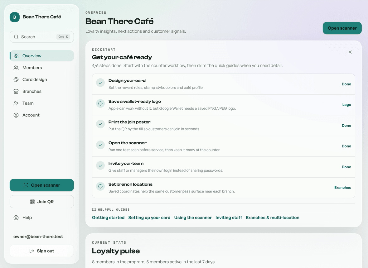 The owner dashboard with service snapshot, next best action, and member sections
