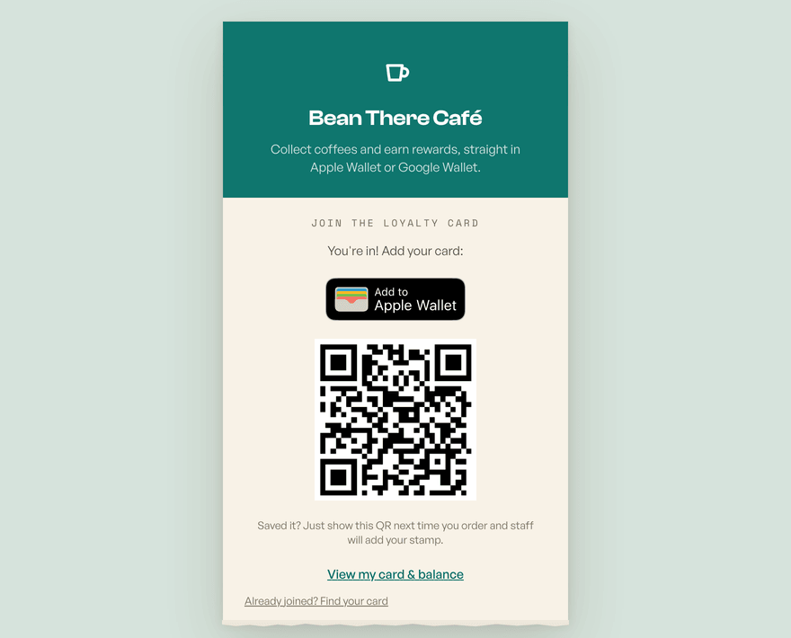 The join screen customers see, with the QR and Add to Wallet