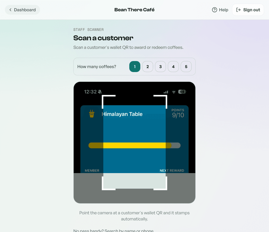 The scanner with the quantity picker and phone look-up
