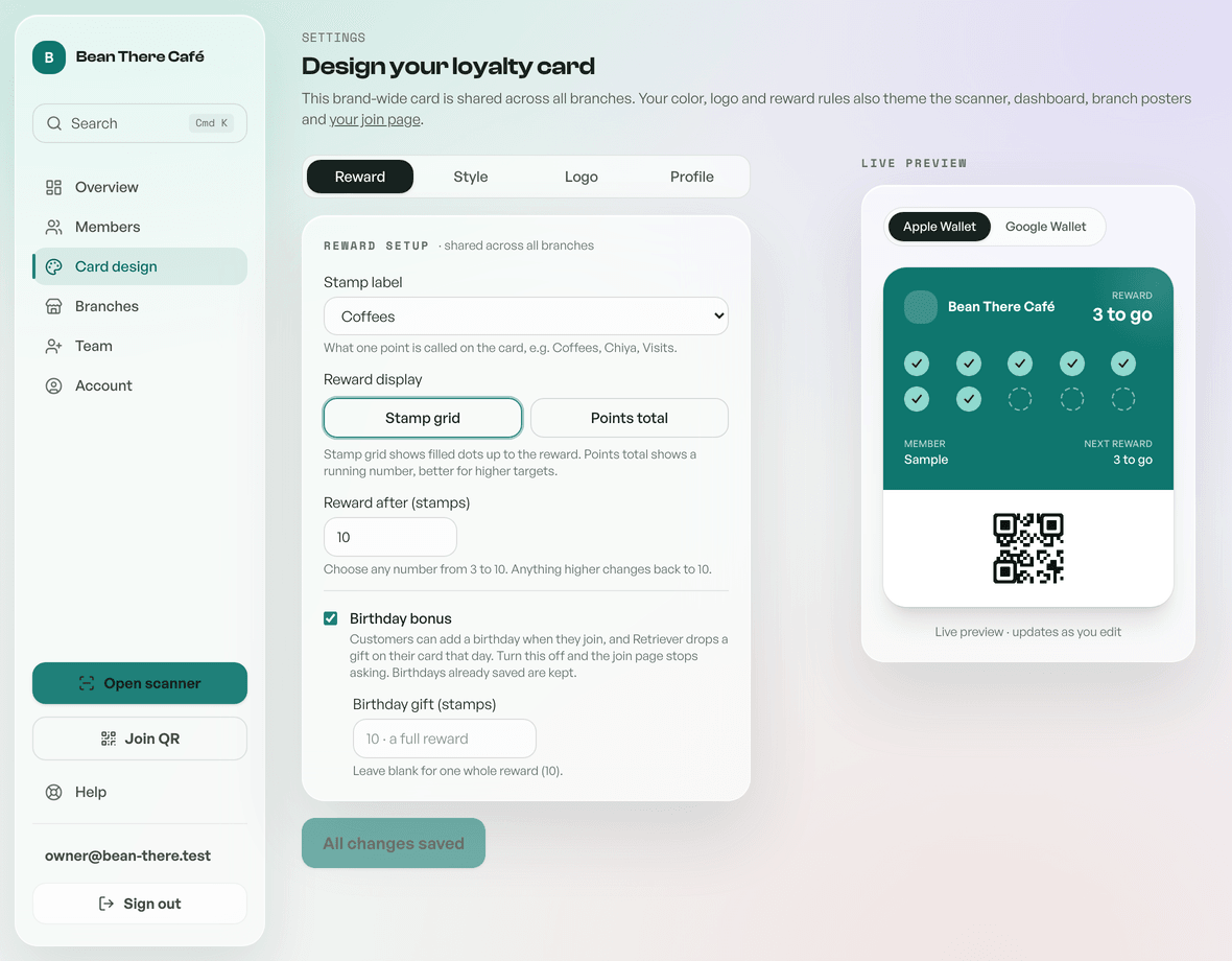 The card customisation screen with a live preview