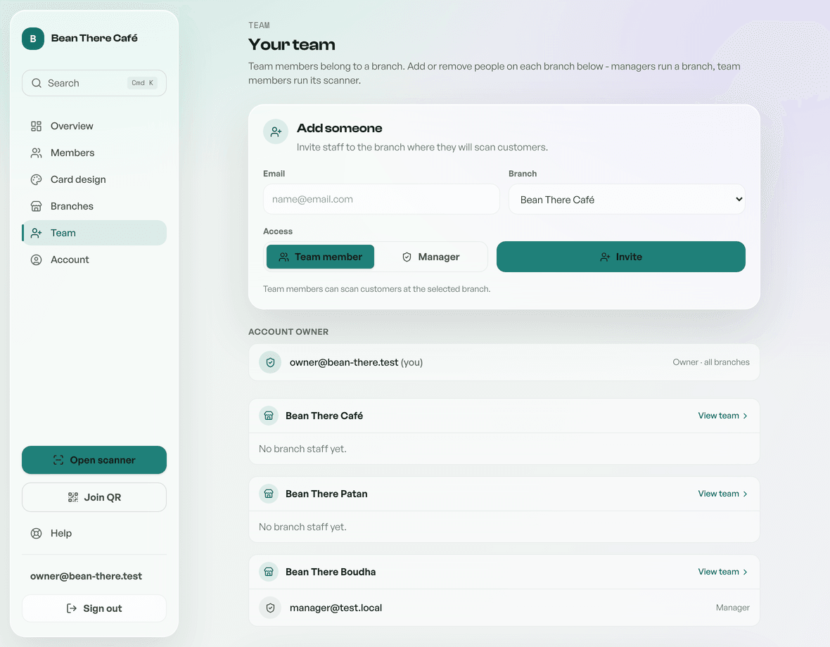 The Team page where owners invite staff