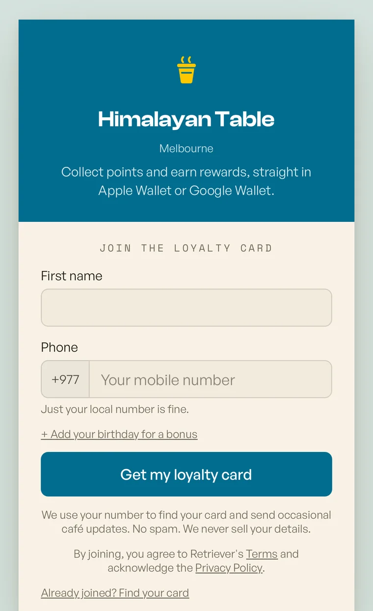 The join page a customer sees after scanning the counter QR