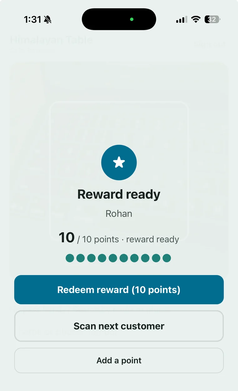 The staff scanner confirming a stamp with redeem and undo to hand